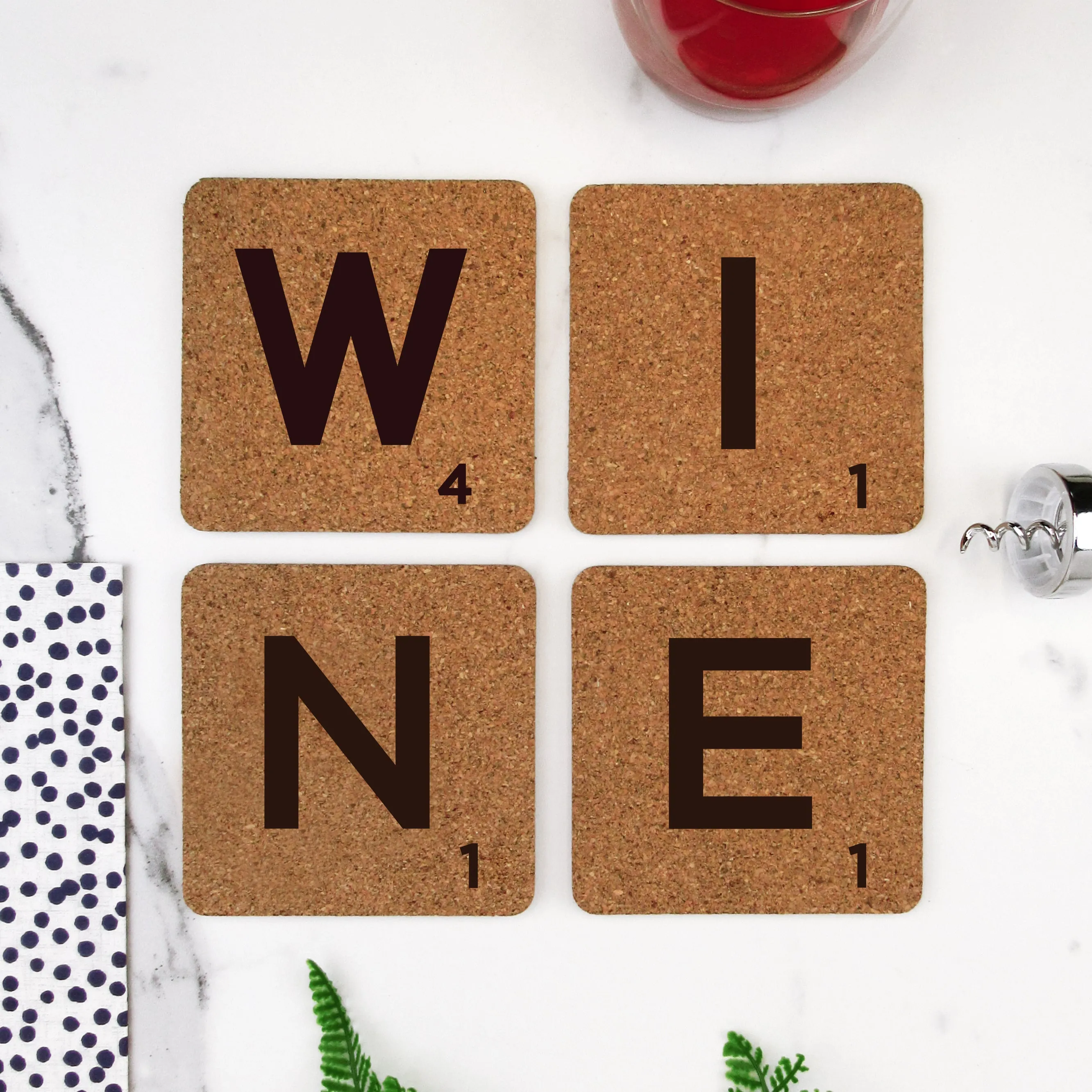 Set of 4 Cork "WINE" Scrabble Letter Tile Alphabet Drinks Coasters