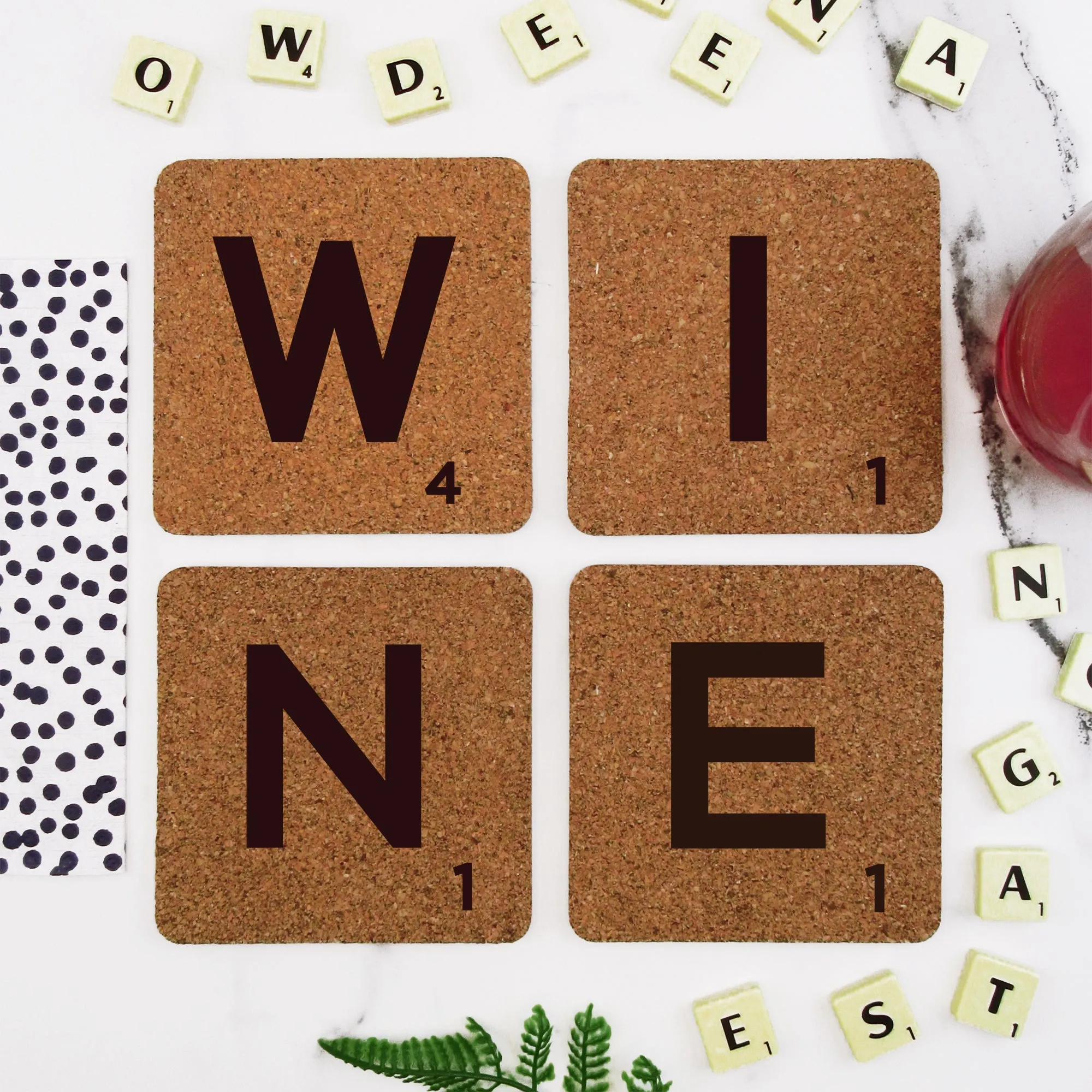 Set of 4 Cork "WINE" Scrabble Letter Tile Alphabet Drinks Coasters