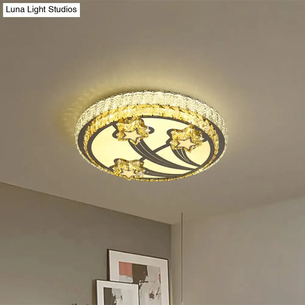 Simple Style 2-Tier Round LED Flush Ceiling Light with White Faceted Crystal Star Design