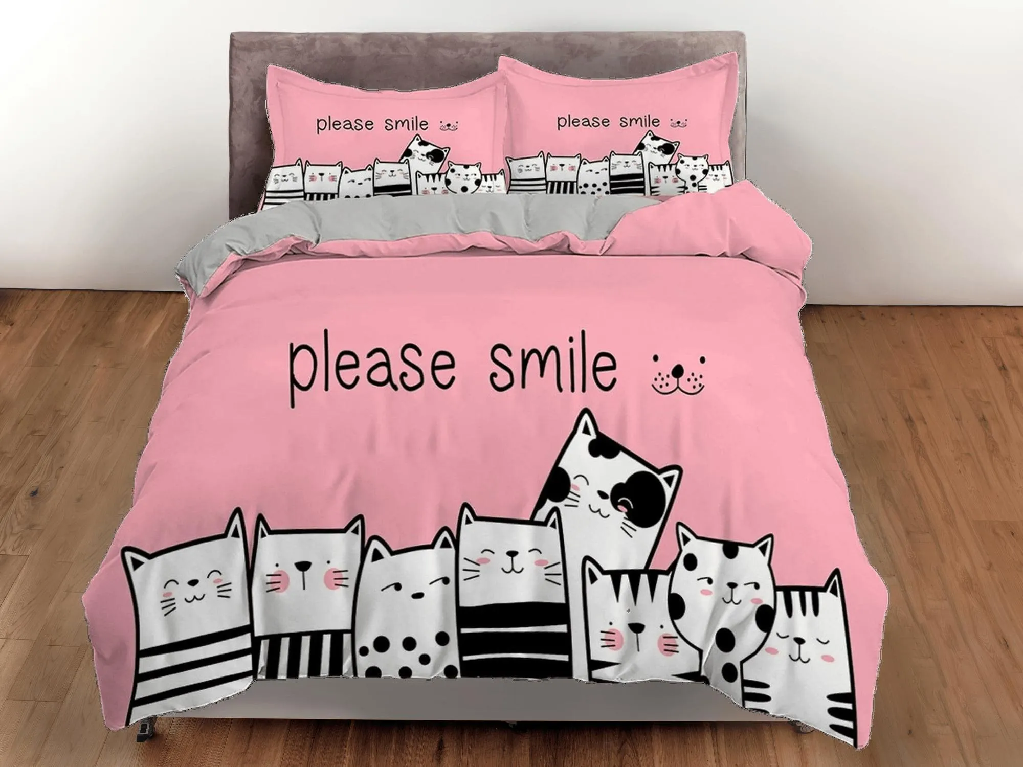 Smile cat bedding, toddler bedding, kids duvet cover set, gift for cat lovers, baby bedding, baby shower gift, pink bedding