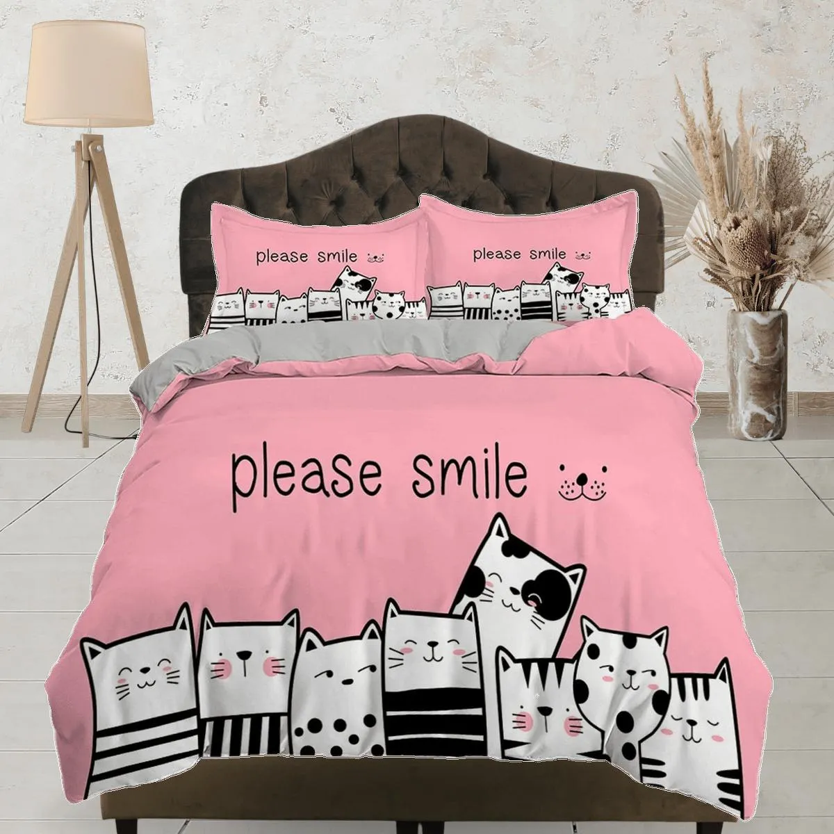 Smile cat bedding, toddler bedding, kids duvet cover set, gift for cat lovers, baby bedding, baby shower gift, pink bedding