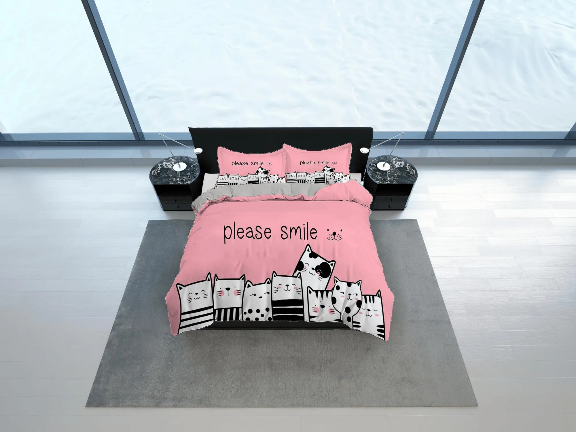 Smile cat bedding, toddler bedding, kids duvet cover set, gift for cat lovers, baby bedding, baby shower gift, pink bedding