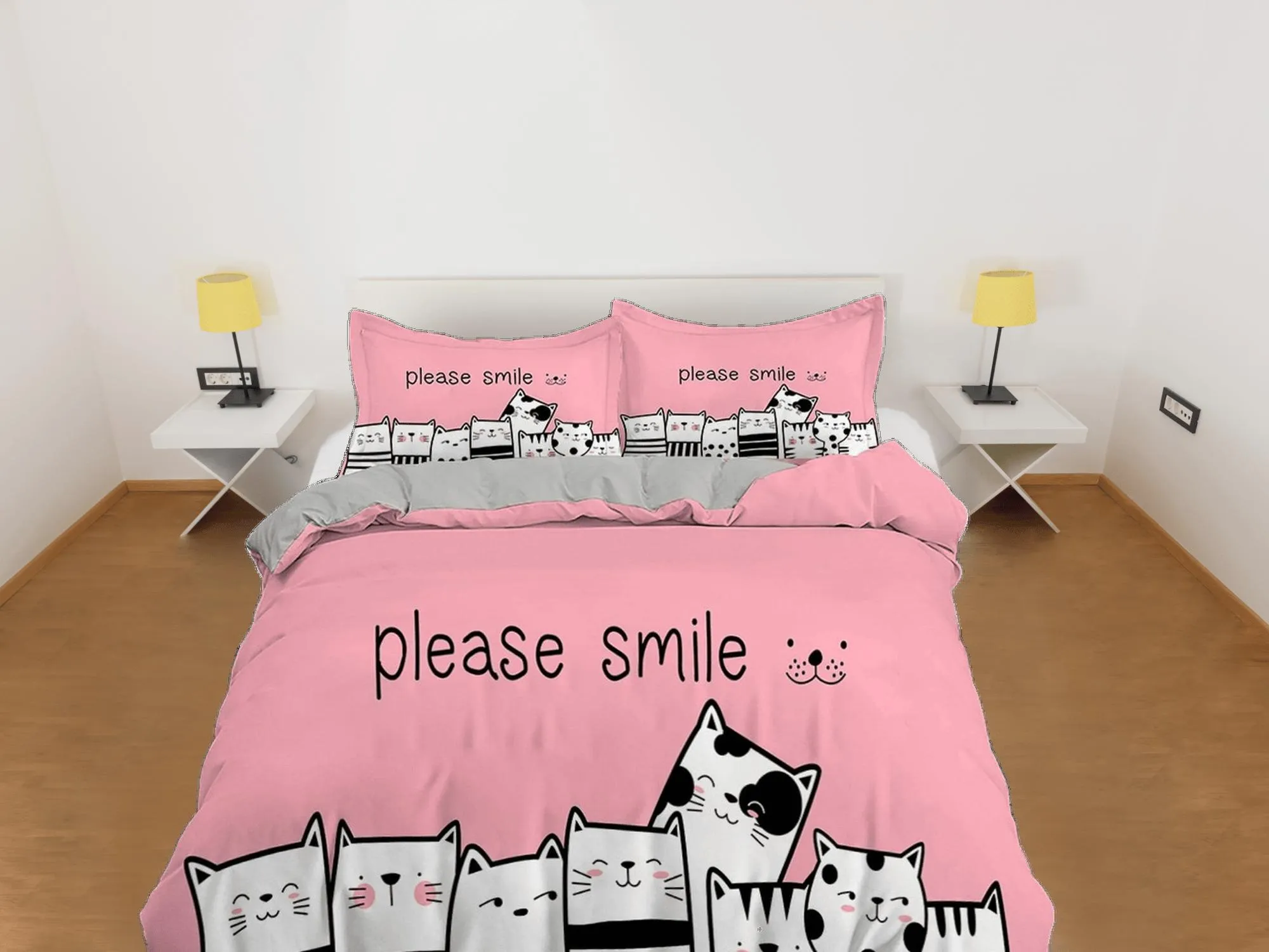 Smile cat bedding, toddler bedding, kids duvet cover set, gift for cat lovers, baby bedding, baby shower gift, pink bedding