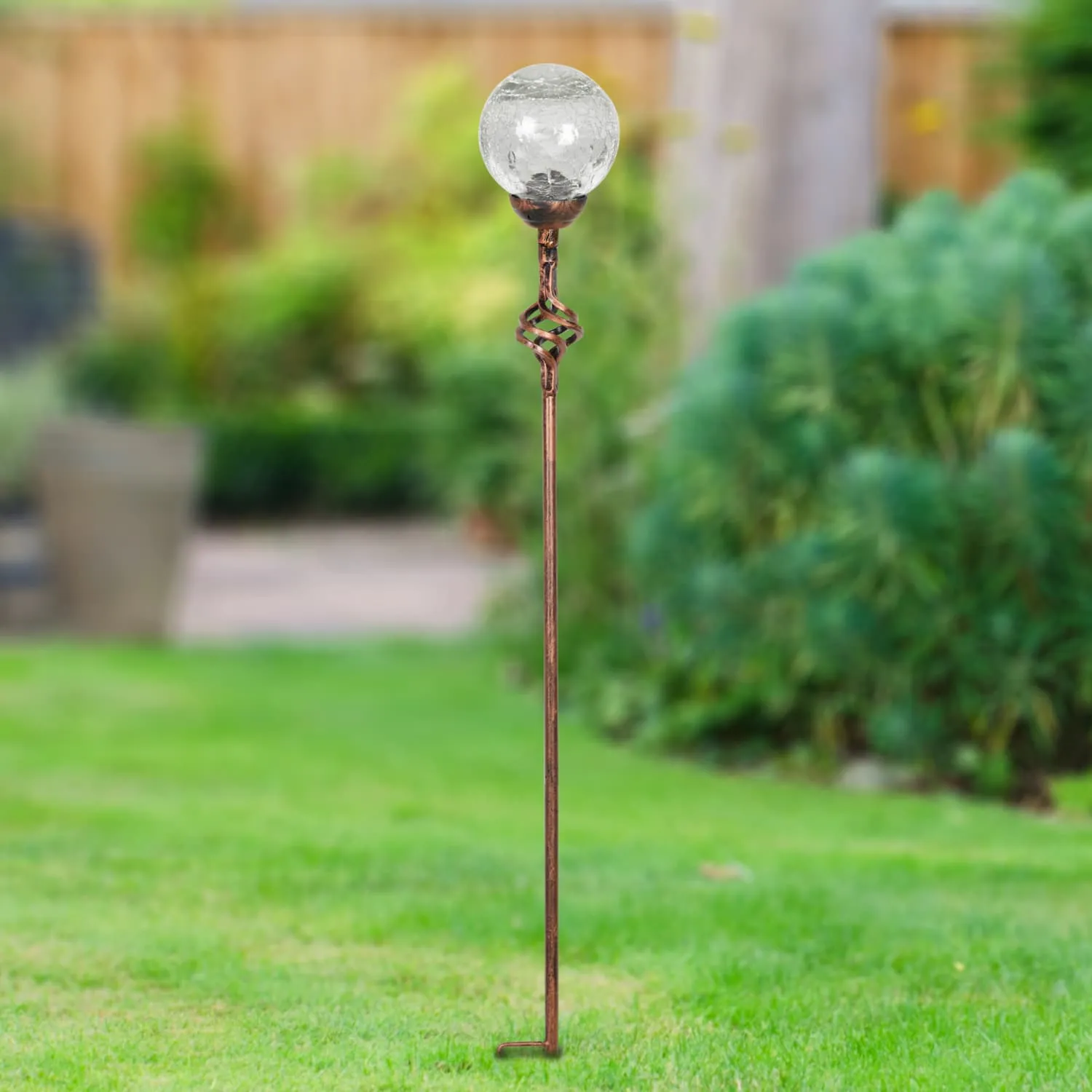 Solar Crackle Glass Ball Garden Stake with Metal Finial in Clear, 4 by 31 Inches