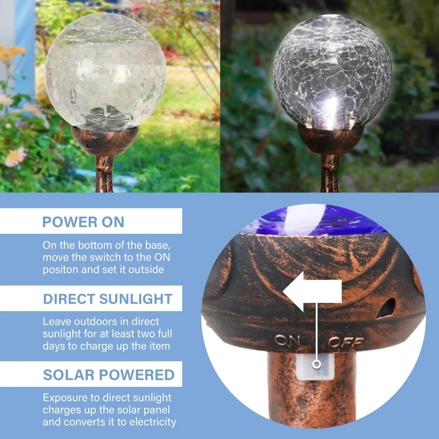 Solar Crackle Glass Ball Garden Stake with Metal Finial in Clear, 4 by 31 Inches