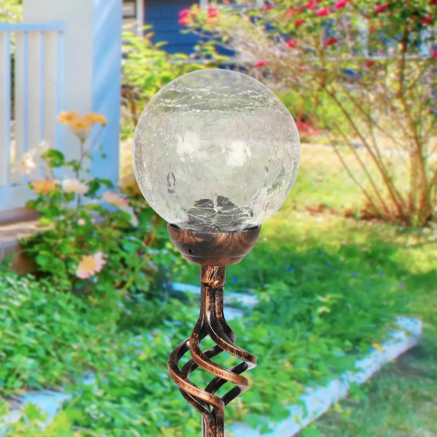 Solar Crackle Glass Ball Garden Stake with Metal Finial in Clear, 4 by 31 Inches