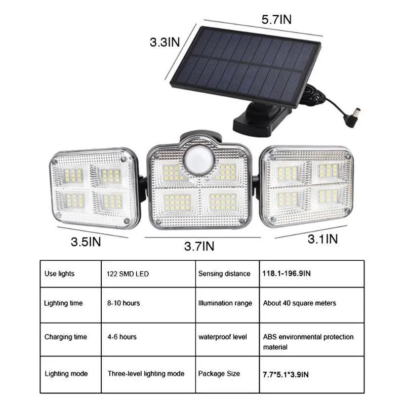 Solar Sensor Light 122 LED 3Head Outdoor