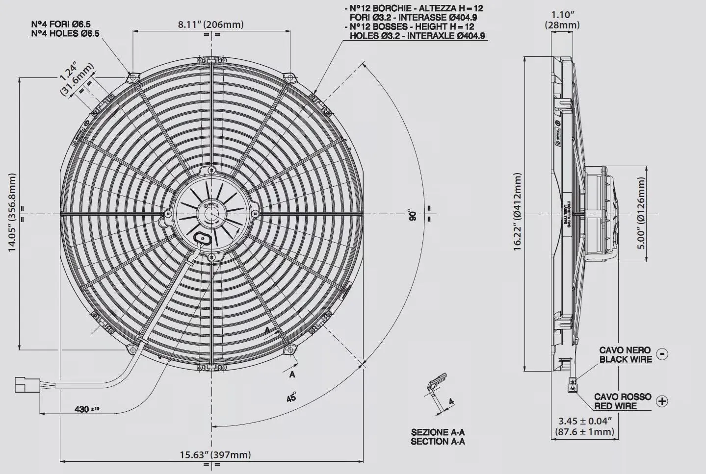 SPAL 16.00" Inch Electric Fan Pusher Style High Performance 1959 CFM 10 Curved Style Blades - 30102048