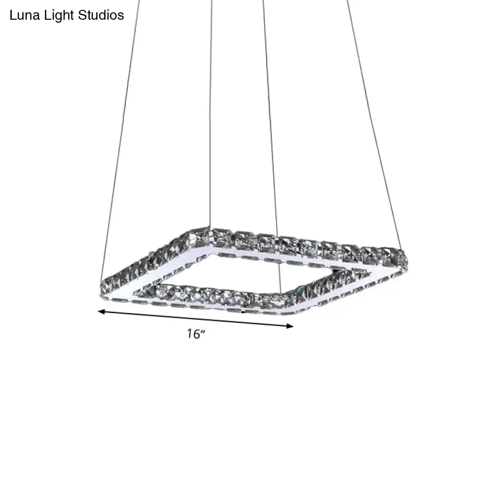 Square Crystal Pendant Light: Modern Chrome LED Chandelier Lamp for Dining Room, Warm/White/Natural Light, 8"/12"/16" Wide