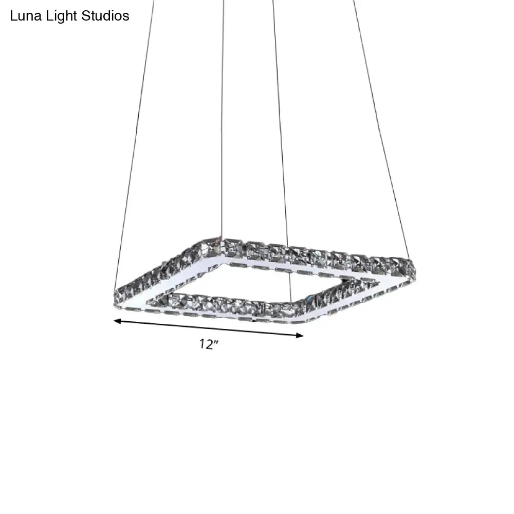 Square Crystal Pendant Light: Modern Chrome LED Chandelier Lamp for Dining Room, Warm/White/Natural Light, 8"/12"/16" Wide