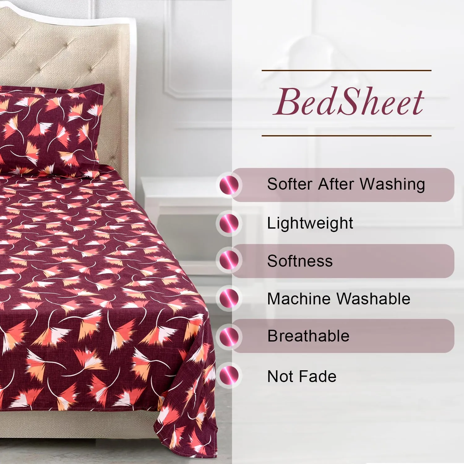 Status Contract Spring Summer Collection-2024 Cotton Rich Double Bedsheet with 2 Pillow Covers for Bed Room, Home, Hotel-120 GSM (Maroon), 120 Tc