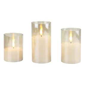 Stonebriar 3 Pack Real Wax Assorted Size Flameless LED Pillar Candles in Gold Glass Hurricane Candle Holder with Remote and Timer