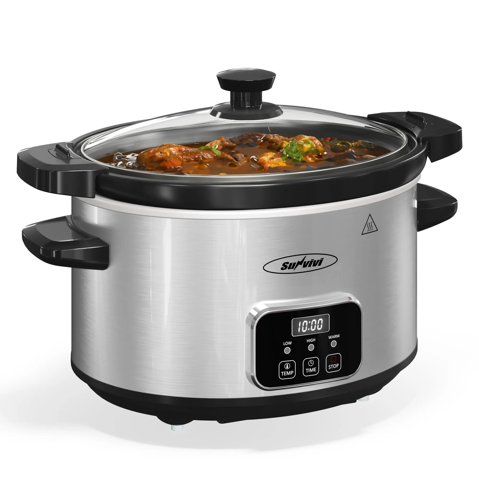 SUNVIVI 4QT Programmable Slow Cooker with Locking Lid, Removable Ceramic Pot, 3 Heating Settings & Timer, Dishwasher-Safe, Stainless Steel