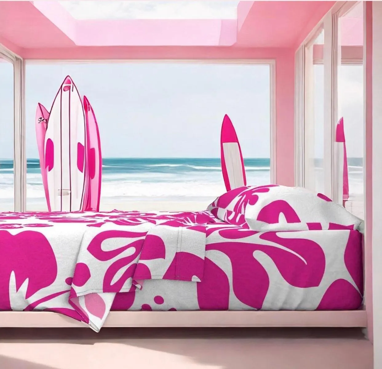 Surfer Girl Pink Hawaiian Flowers on White Sheet Set from Surfer Bedding™️  Large Scale