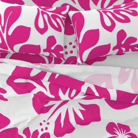 Surfer Girl Pink Hawaiian Flowers on White Sheet Set from Surfer Bedding™️  Large Scale