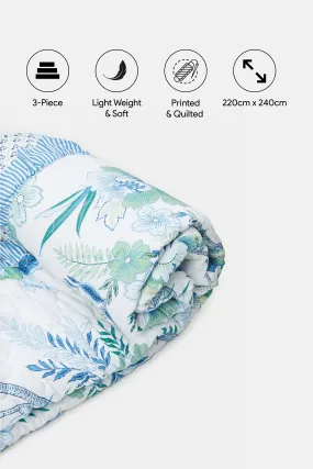 Teal 3 Piece Floral Printed Quilt Set (Double Size)