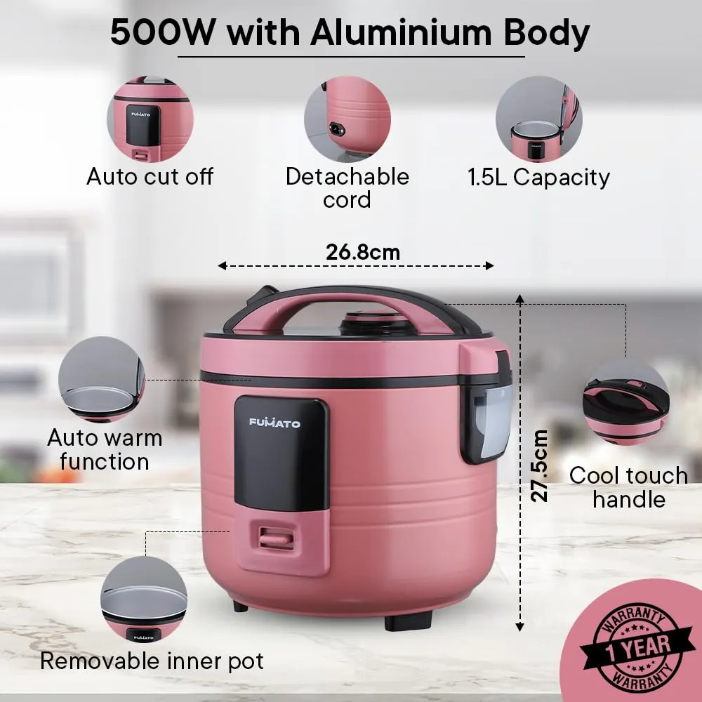 The Better Home FUMATO Cookeasy Automatic 500W Electric Rice Cooker 1.5L Pink & Stainless Steel Water Bottle 1 Litre Green