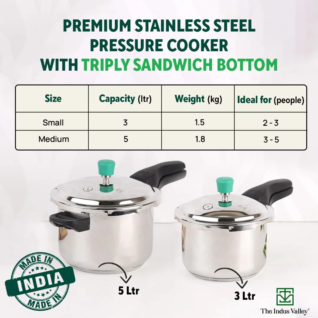 The Indus Valley Stainless Steel Pressure Cooker Outer Lid, Small, 3 Liter, 1.5Kg, Induction Friendly | Isi-Certified, Naturally Non-Stick Tri-Ply Sandwich Bottom, 100% Pure & Toxin-Free, Long Lasting