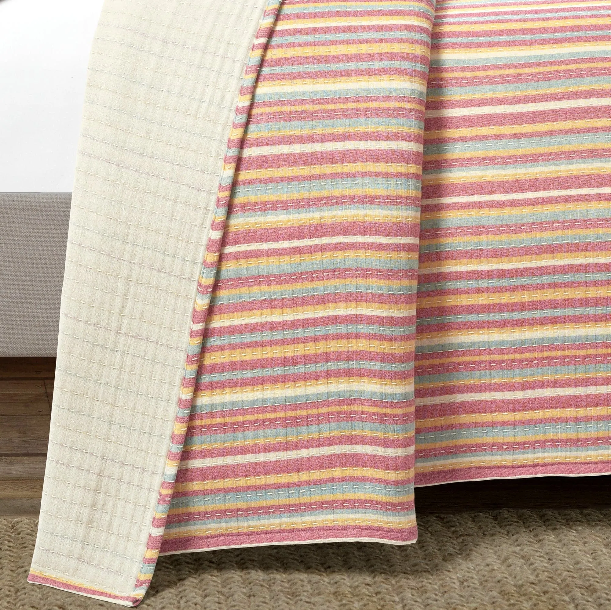 Tracy Stripe Pick Stitch Kantha Yarn Dyed Cotton Woven Quilt/Coverlet Set