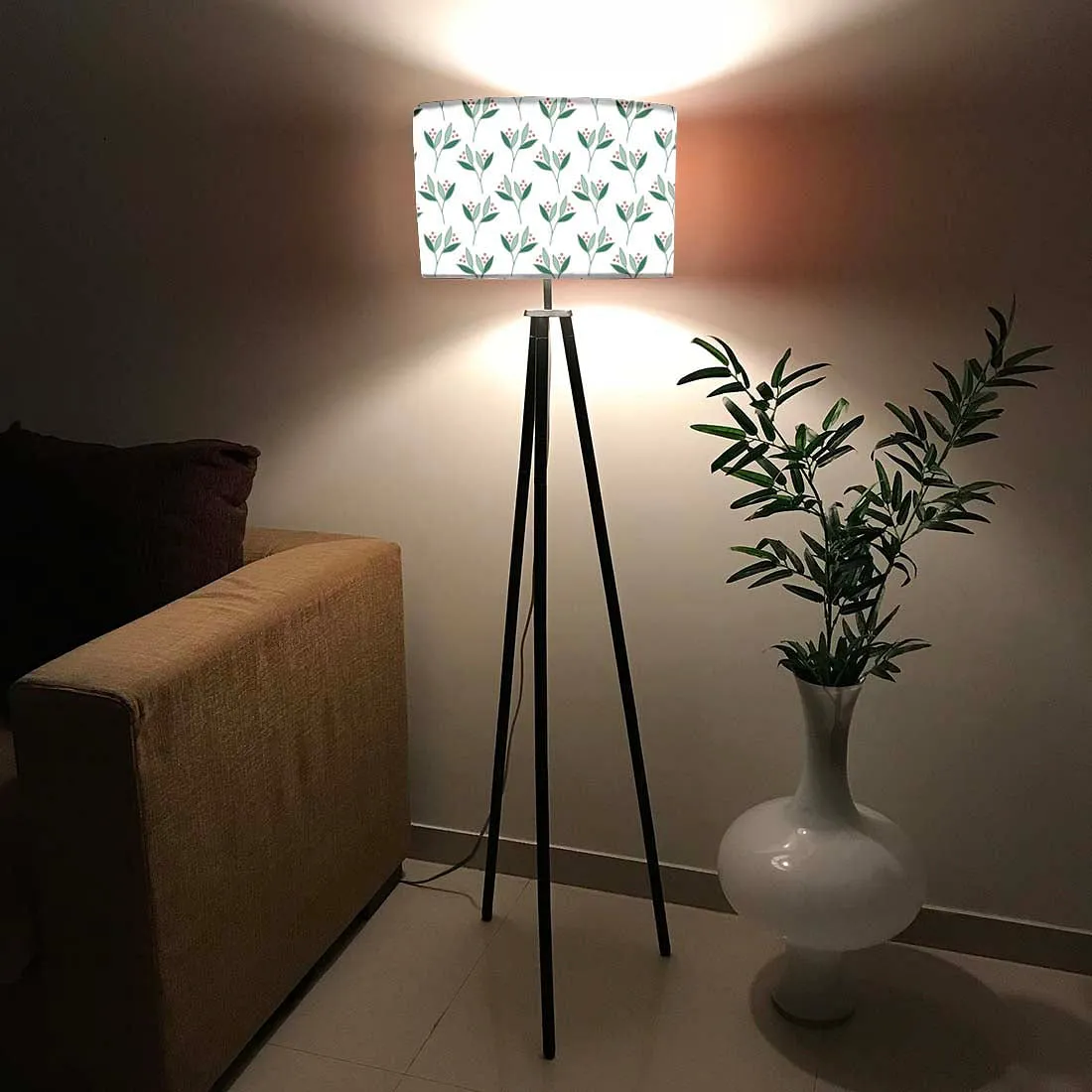 Tripod Floor Lamp Standing Light for Living Rooms -Berries Leaves