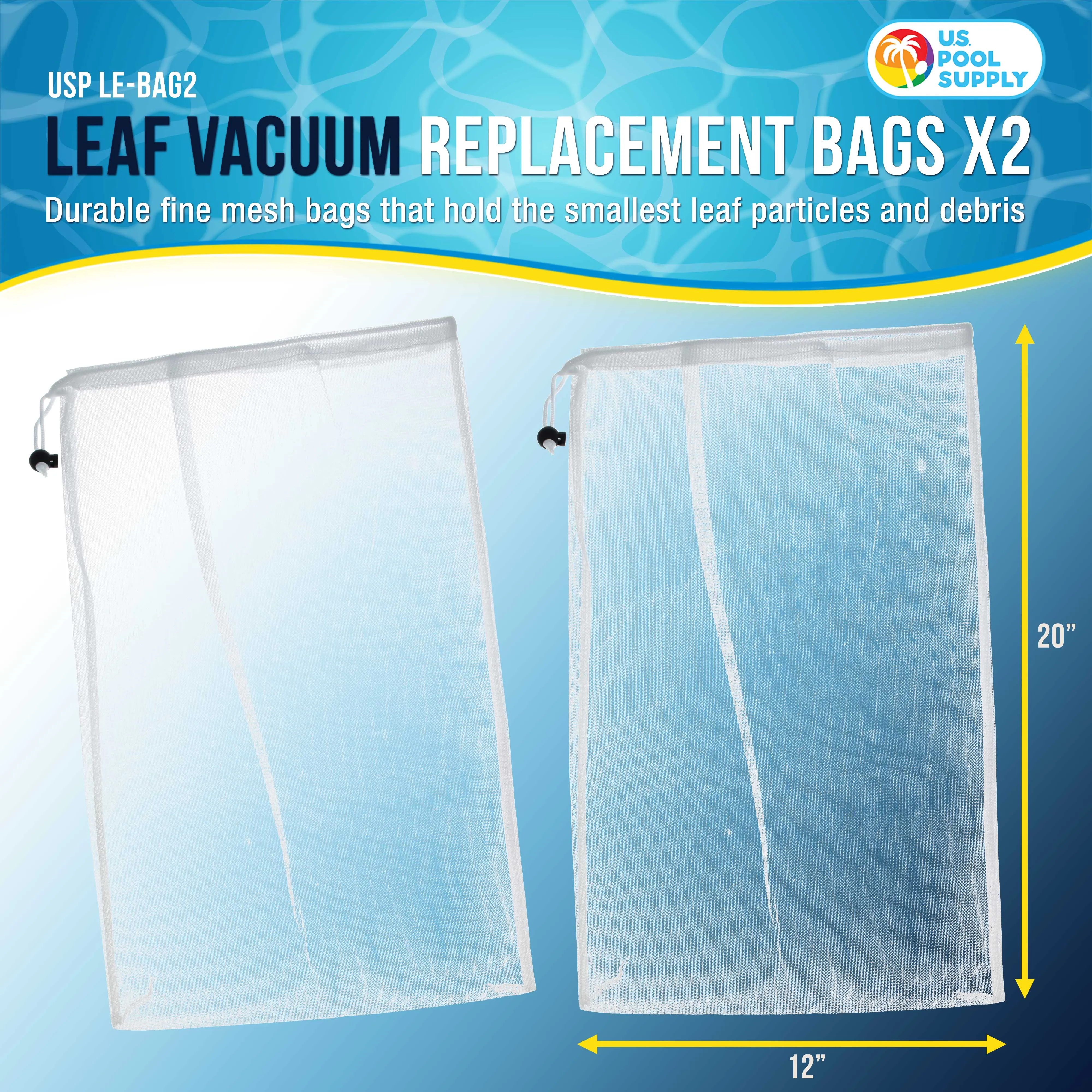 U.S. Pool Supply® Fine Mesh Filter Bags for Leaf Vacuum Pool Cleaners, 2 Pack - 12" x 20" Replacement Net Bags, Universal Fit, Leaf Terminator, Eater