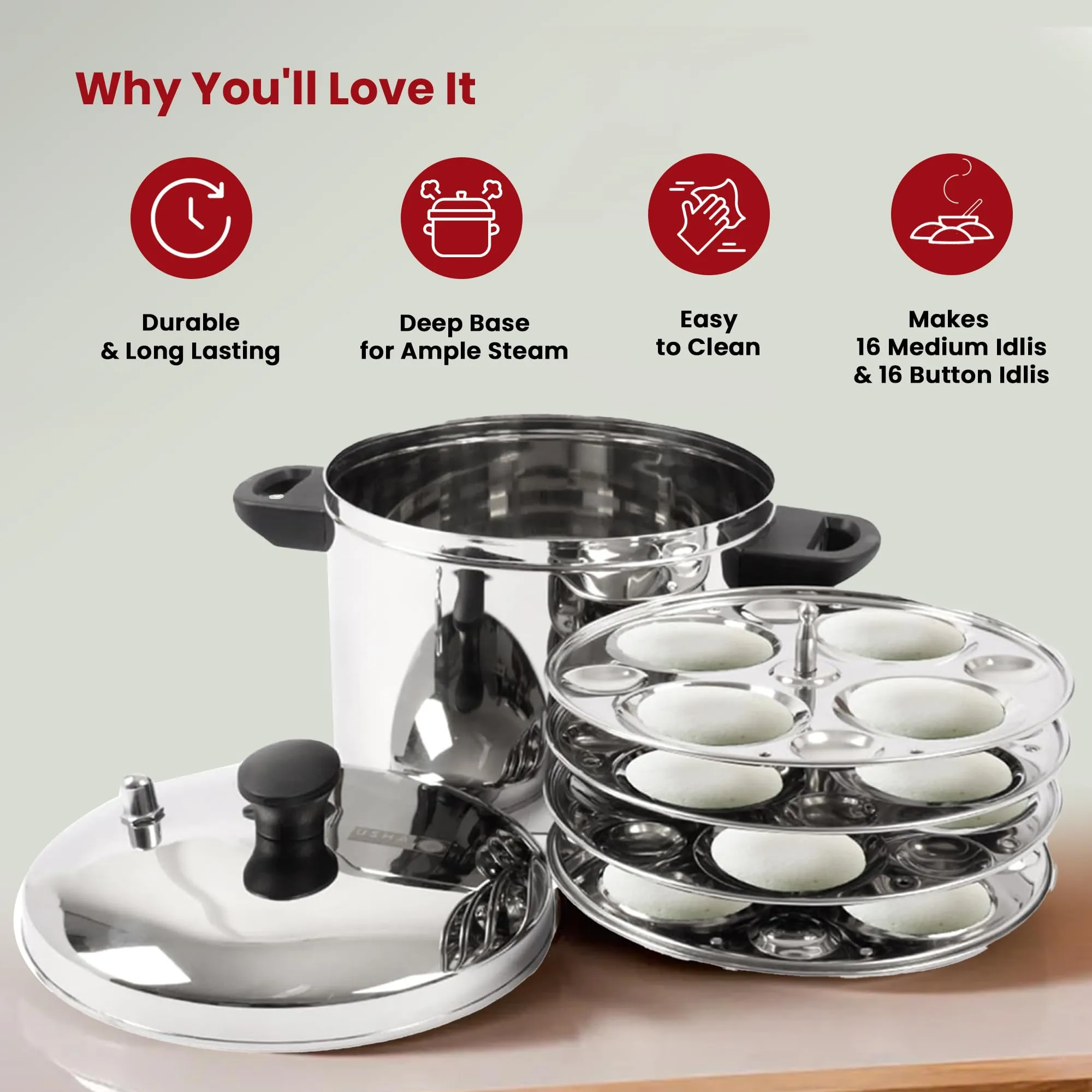 USHA SHRIRAM Stainless Steel Idli Cooker | Induction & Gas Friendly | Idly Maker with Stand | Steel Steamer For Cooking (Steamer   Idli Stand Combo (4 Plate))