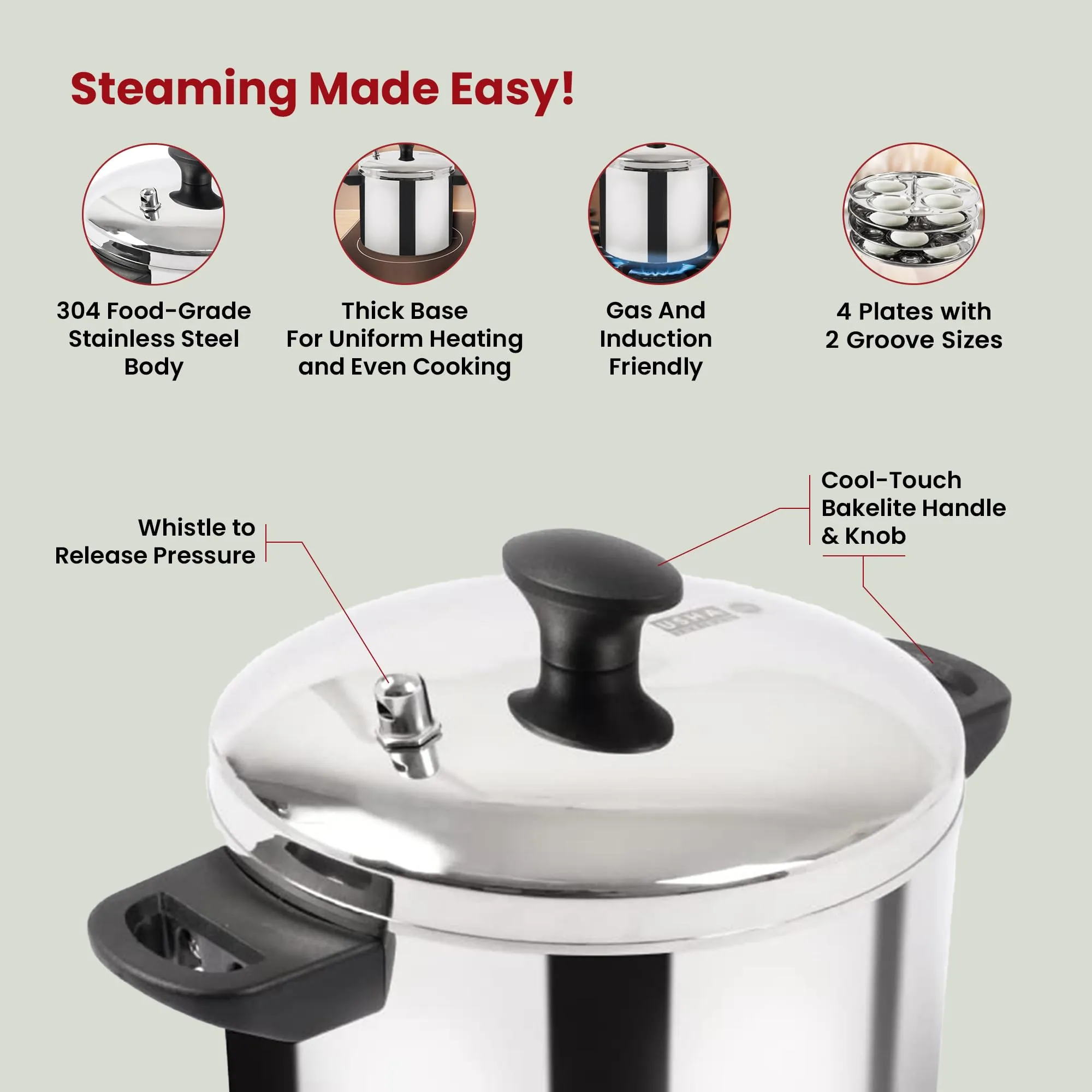 USHA SHRIRAM Stainless Steel Idli Cooker | Induction & Gas Friendly | Idly Maker with Stand | Steel Steamer For Cooking (Steamer   Idli Stand Combo (4 Plate))