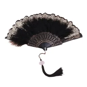 Vintage Japanese Chinese Gold Edge Folding Fan - Black Feathers