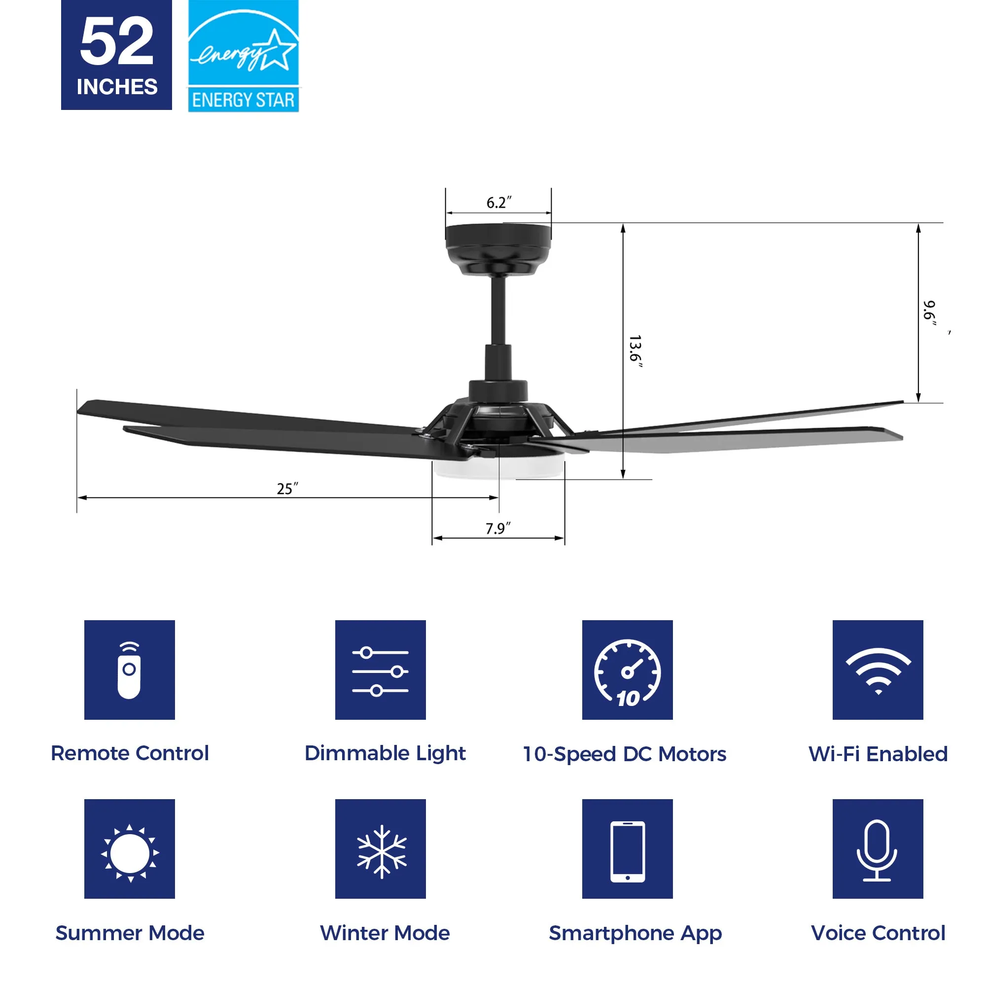 Voyager Outdoor Smart Ceiling Fan with Dimmable LED Light Remote 52"