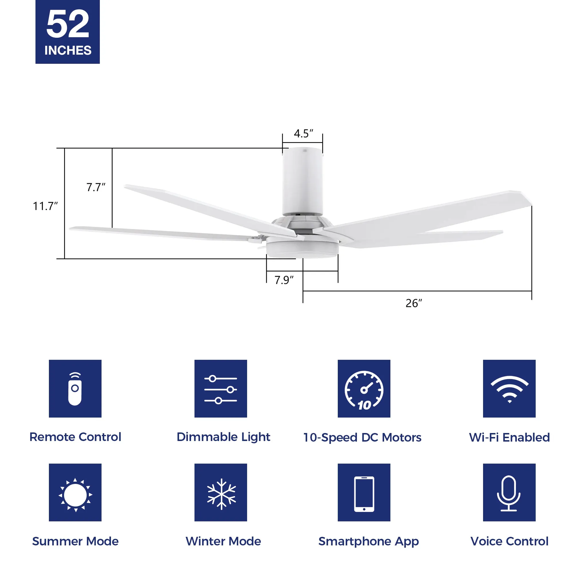 Voyager Smart Flush Mount Ceiling Fan with LED Light Outdoor Indoor 52”