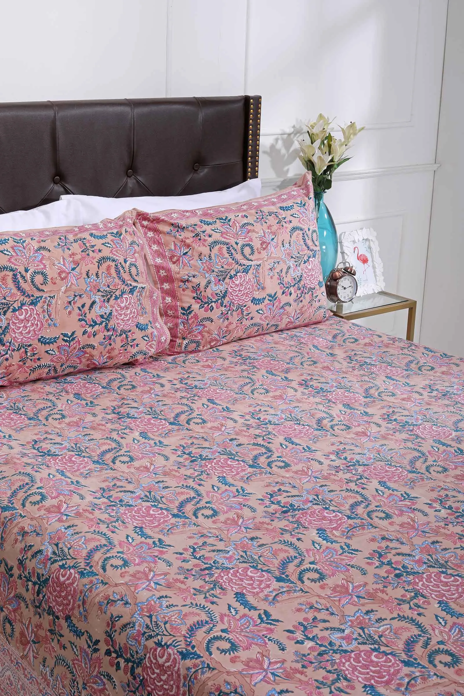 Vrindavan Peach Peoney Cotton Percale Bedsheet