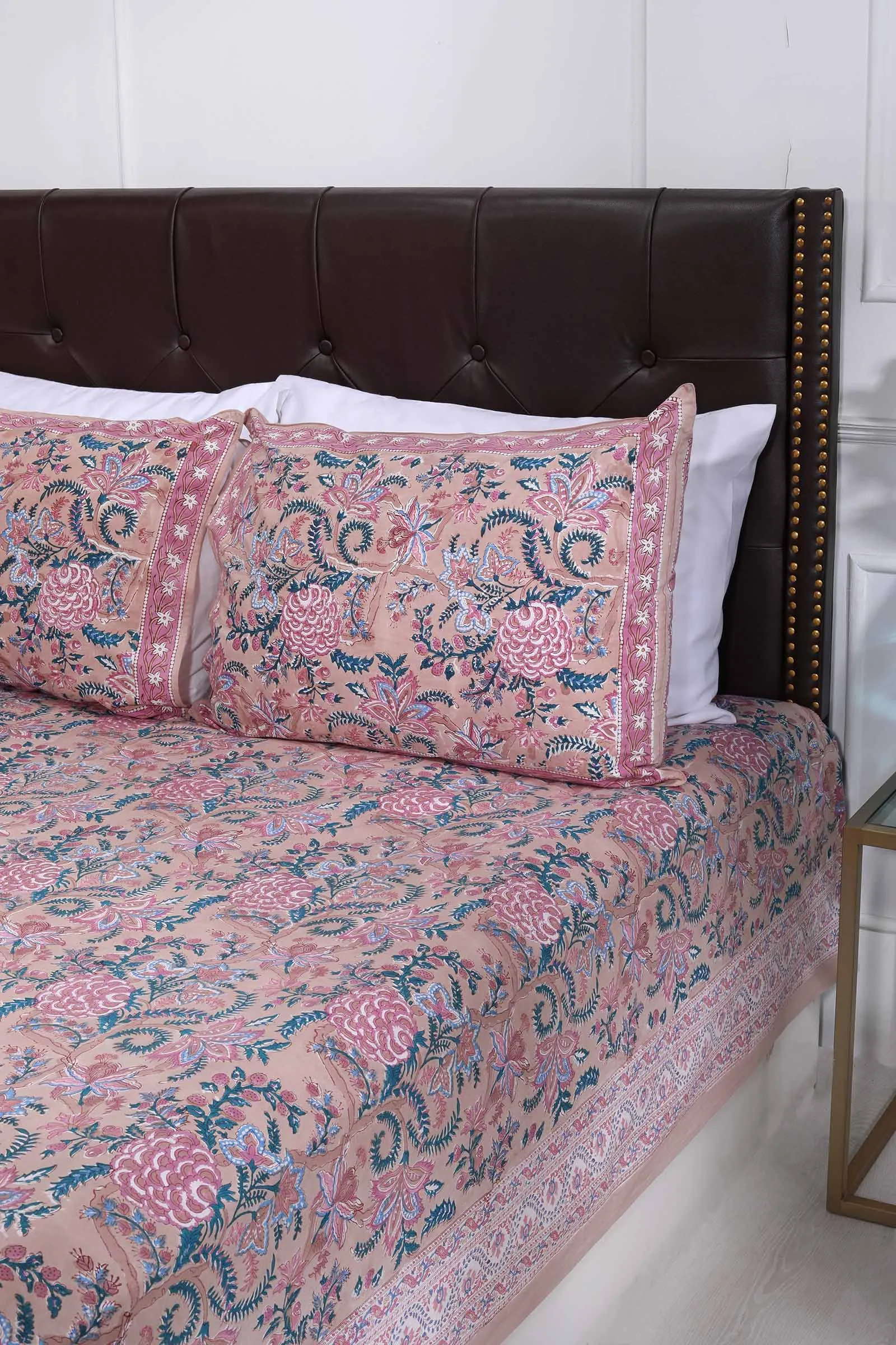 Vrindavan Peach Peoney Cotton Percale Bedsheet