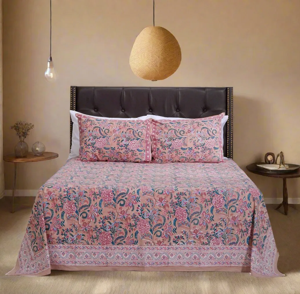 Vrindavan Peach Peoney Cotton Percale Bedsheet