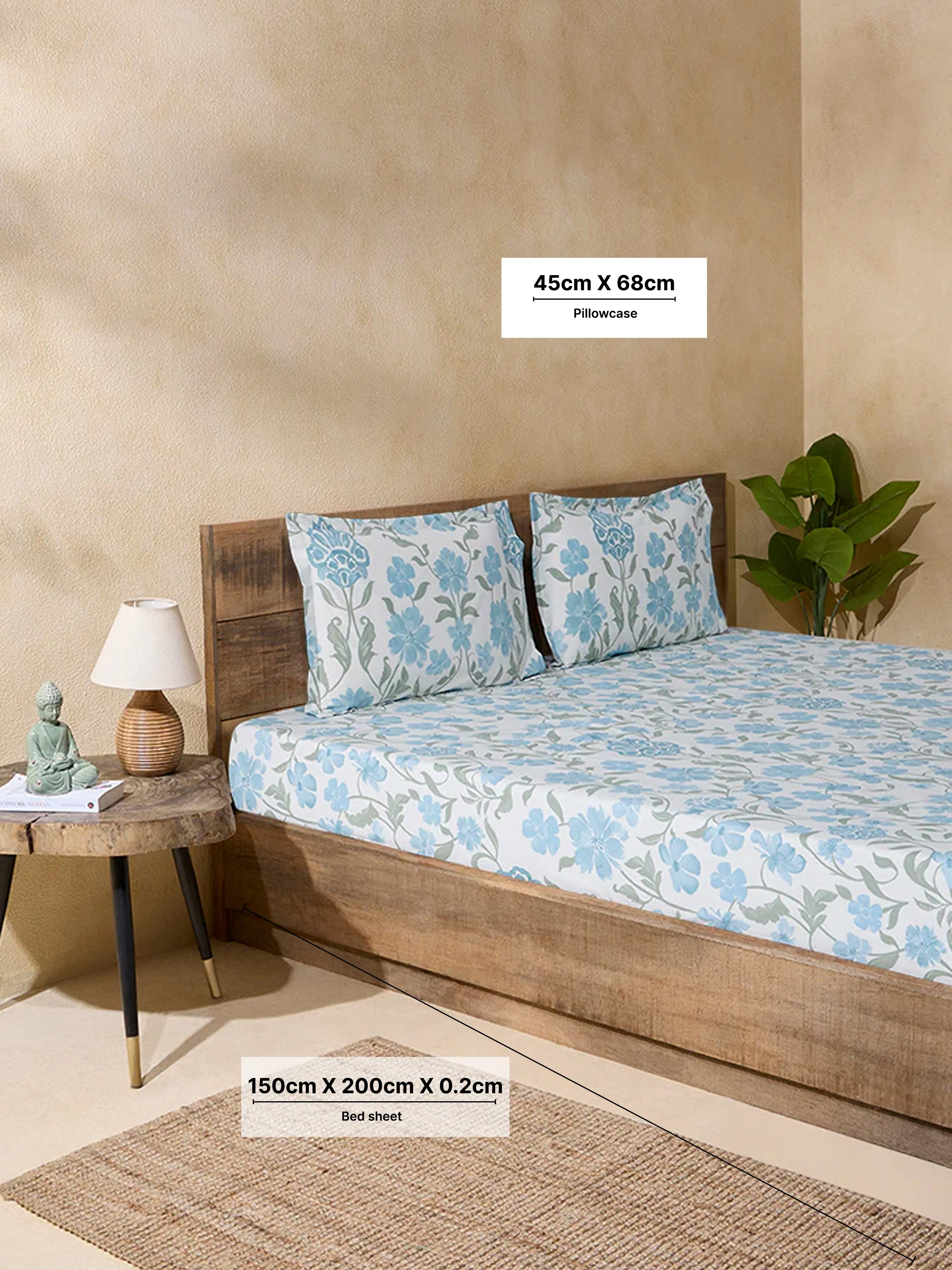 Westside Home Blue Floral Printed Double Bed Fitted Sheet and Pillowcase Set