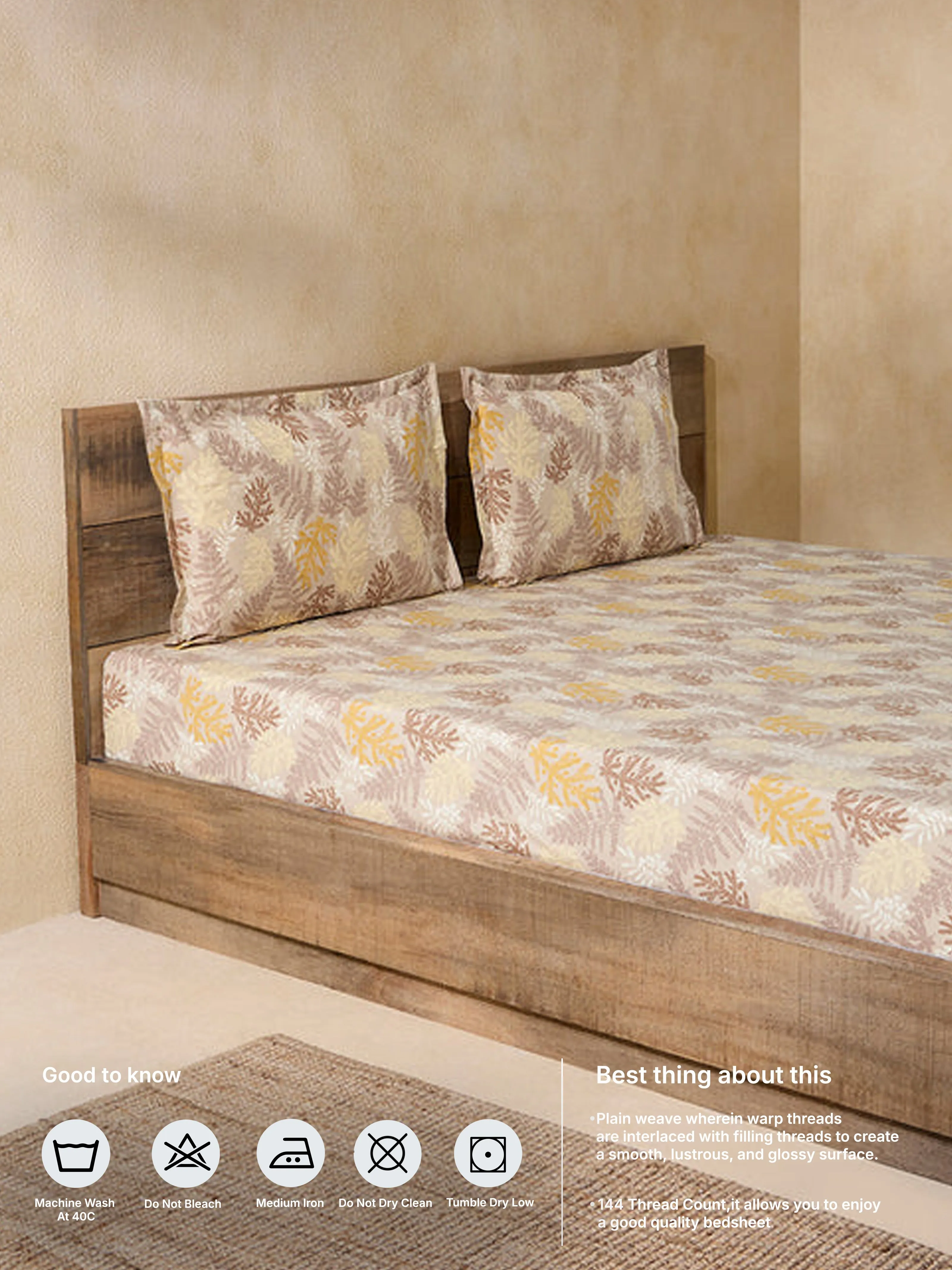 Westside Home Ochre Foliage Double Bed Flat Sheet and Pillowcase Set