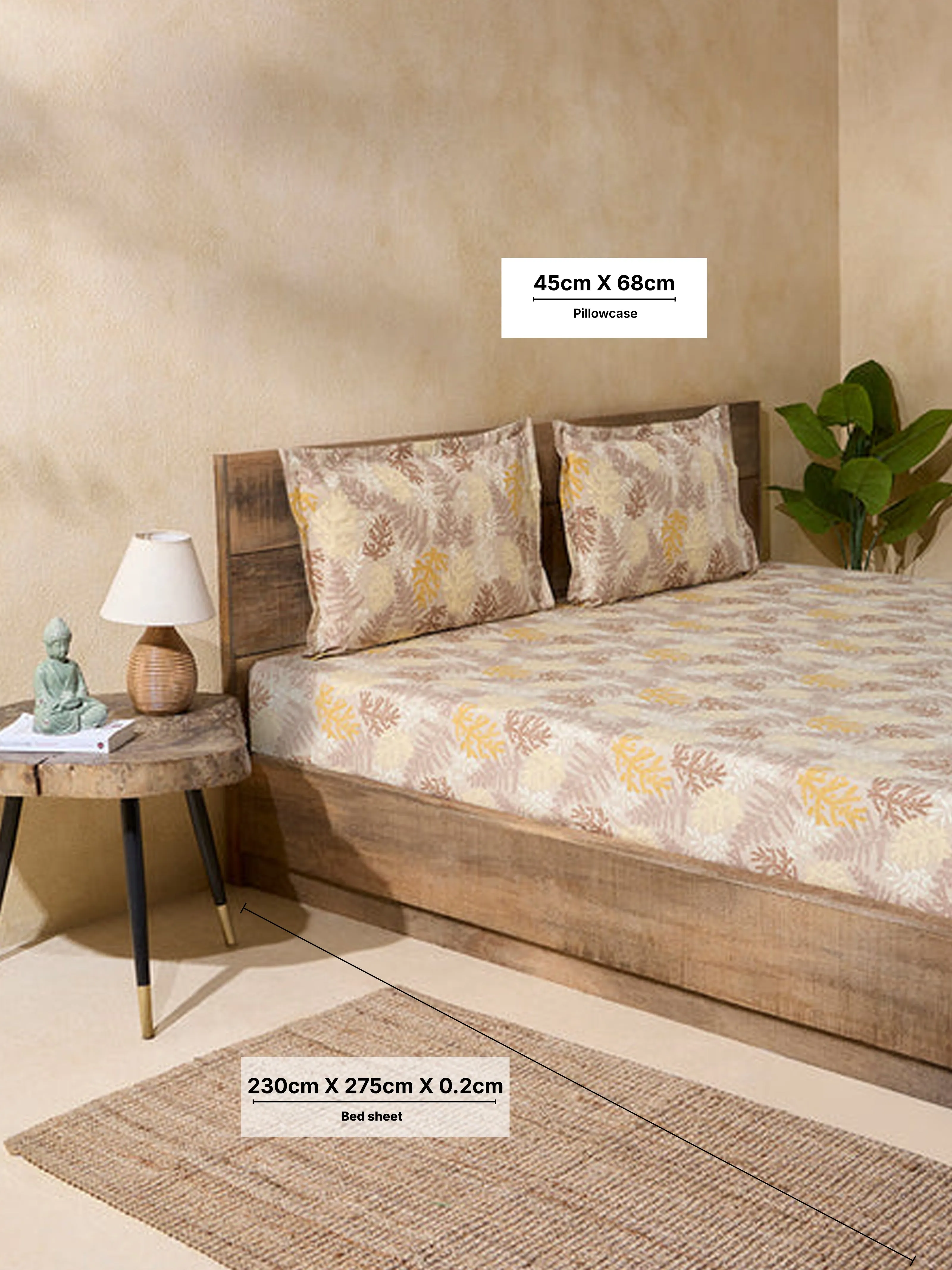 Westside Home Ochre Foliage Double Bed Flat Sheet and Pillowcase Set