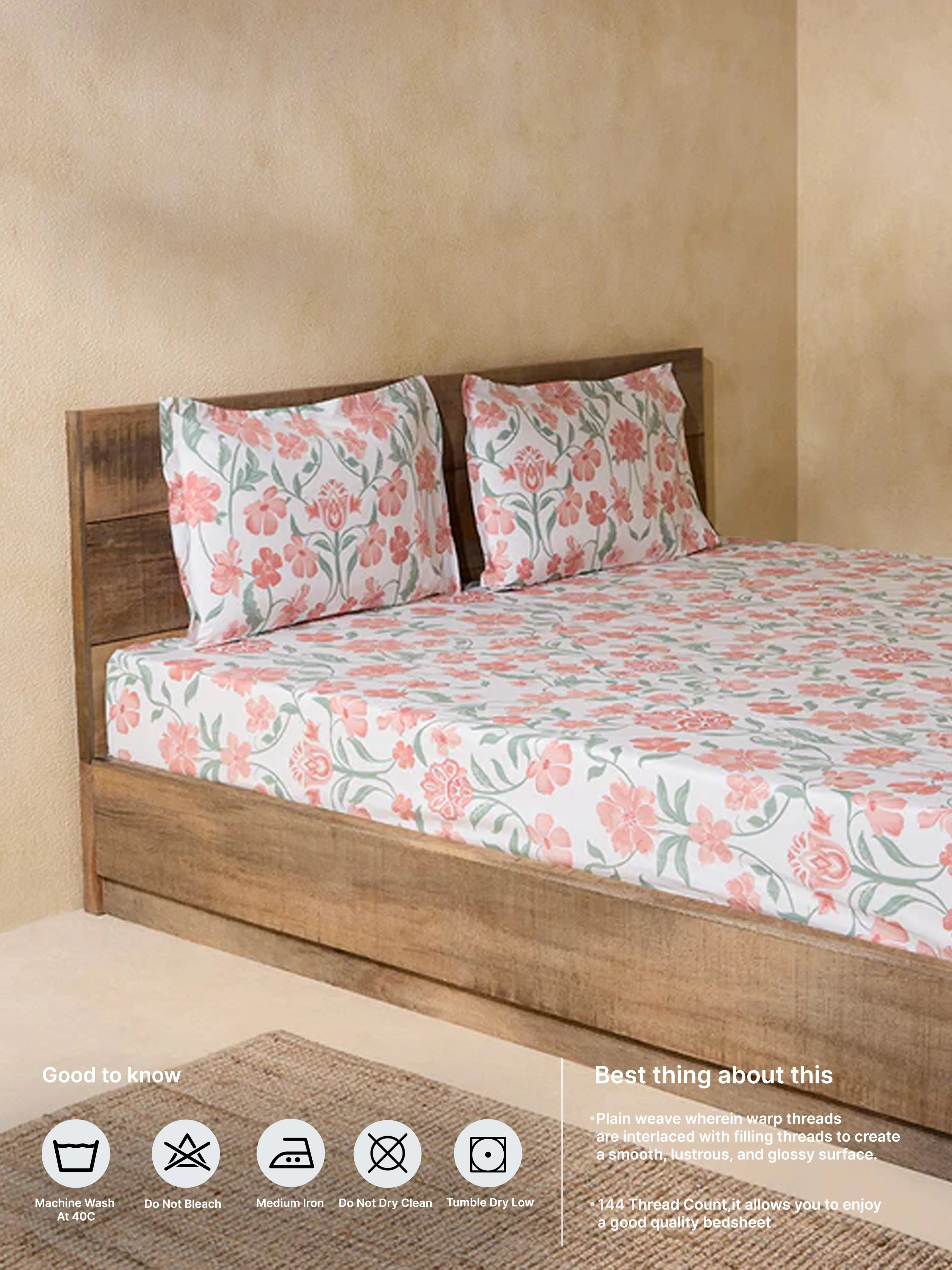 Westside Home Rust Floral Double Bed Flat Sheet and Pillowcase Set