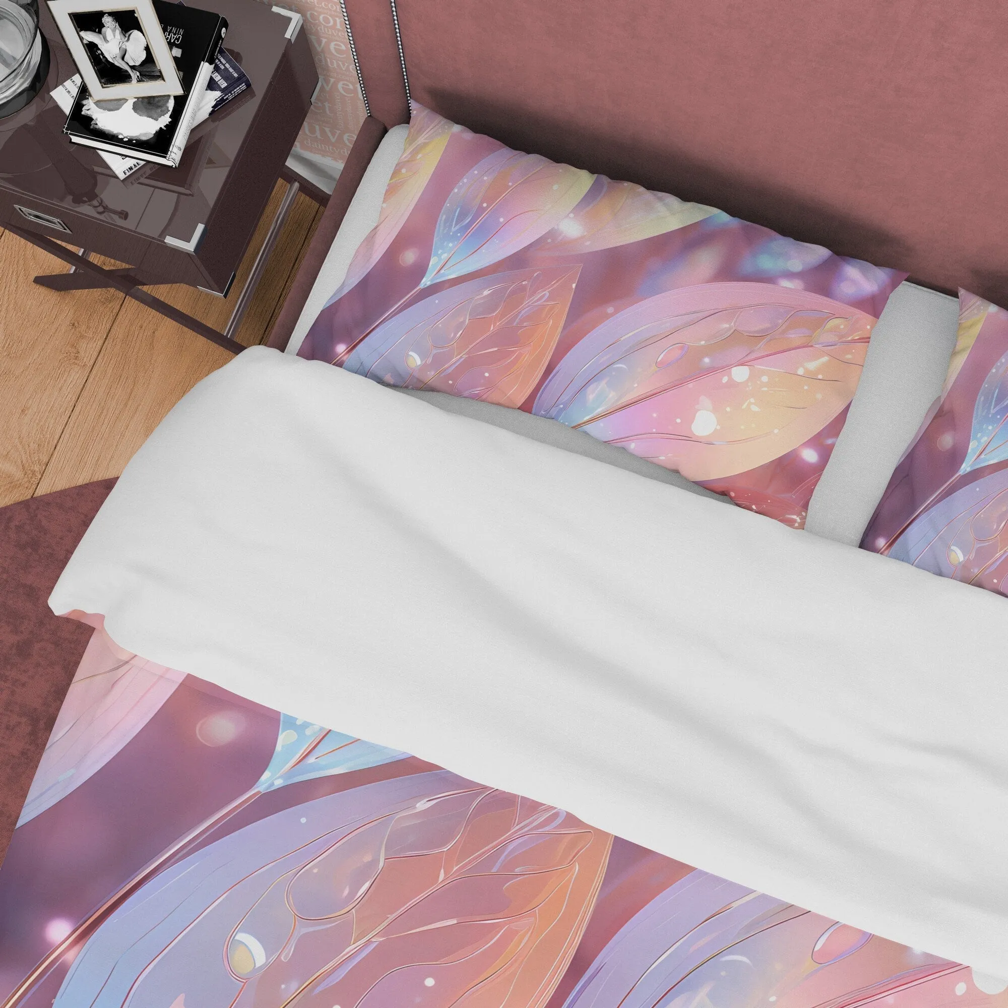 Wet Leaf Holographic Bedding Set Boho Duvet Cover, Colorful Quilt Cover, Moonstone Inspired Bedspread, Galaxy Opal Bed Cover, Pastel Color