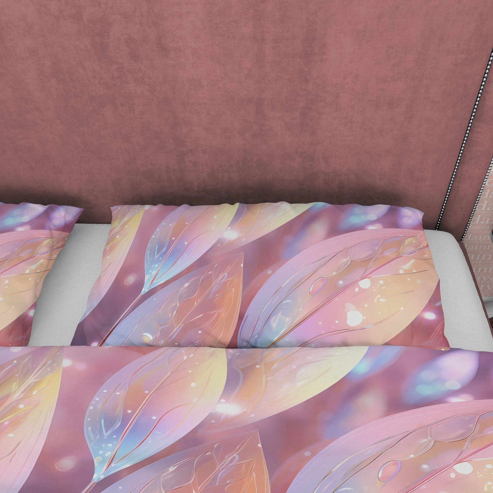 Wet Leaf Holographic Bedding Set Boho Duvet Cover, Colorful Quilt Cover, Moonstone Inspired Bedspread, Galaxy Opal Bed Cover, Pastel Color