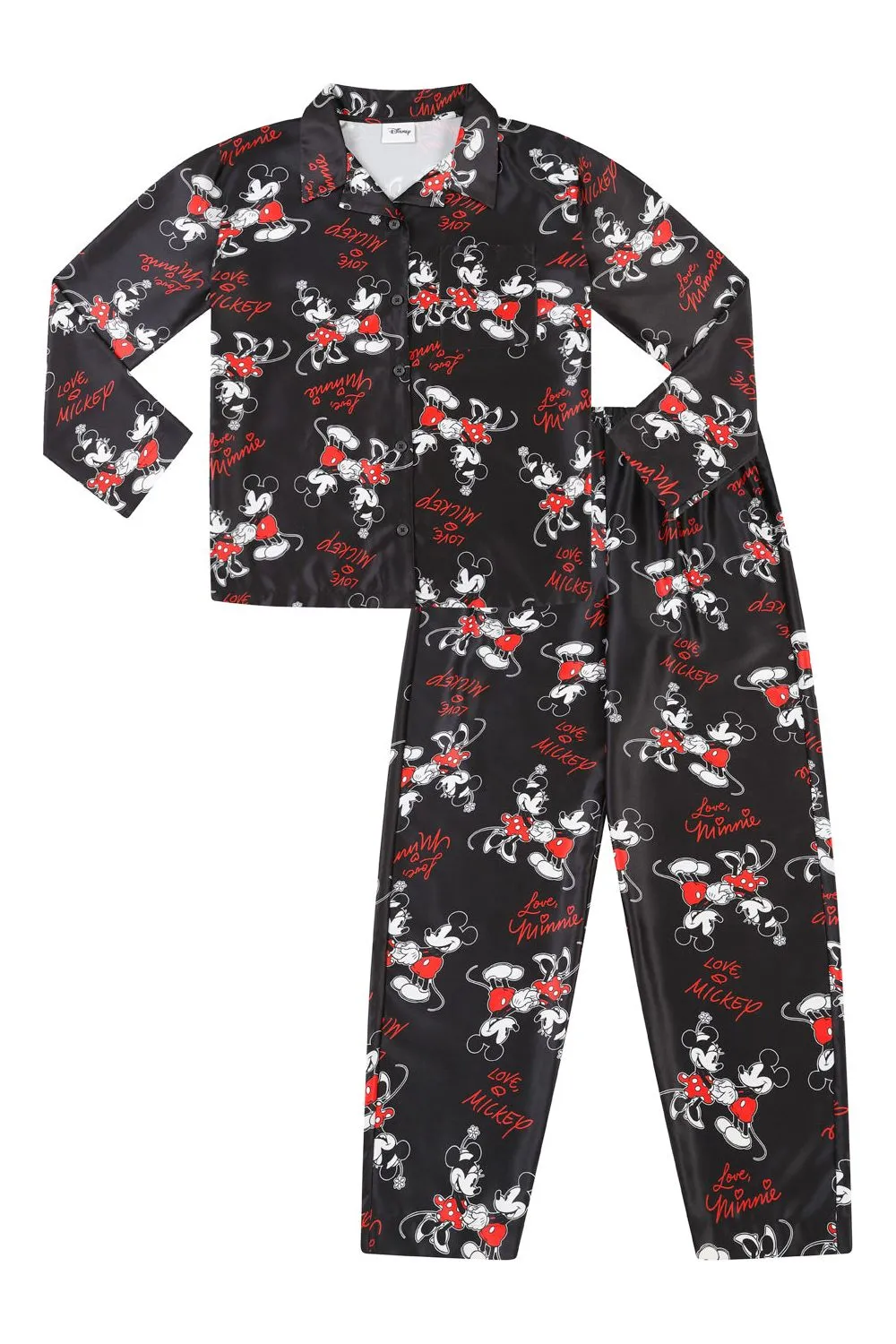 Women's Disney Mickey And Minnie Mouse Long Black Satin Pyjama Set