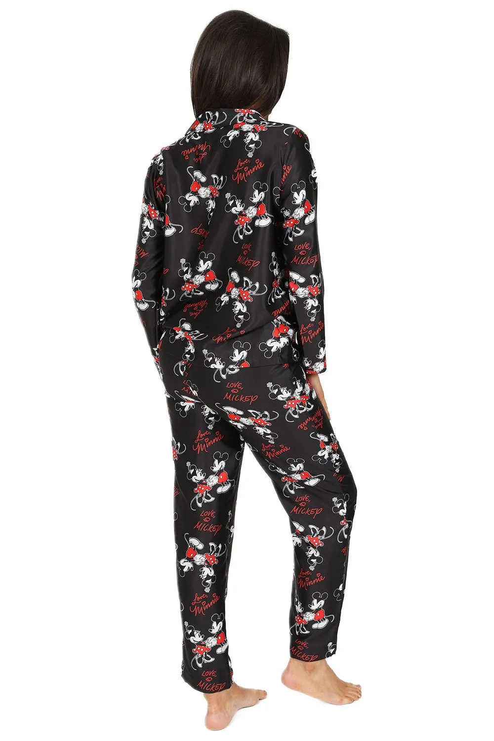 Women's Disney Mickey And Minnie Mouse Long Black Satin Pyjama Set