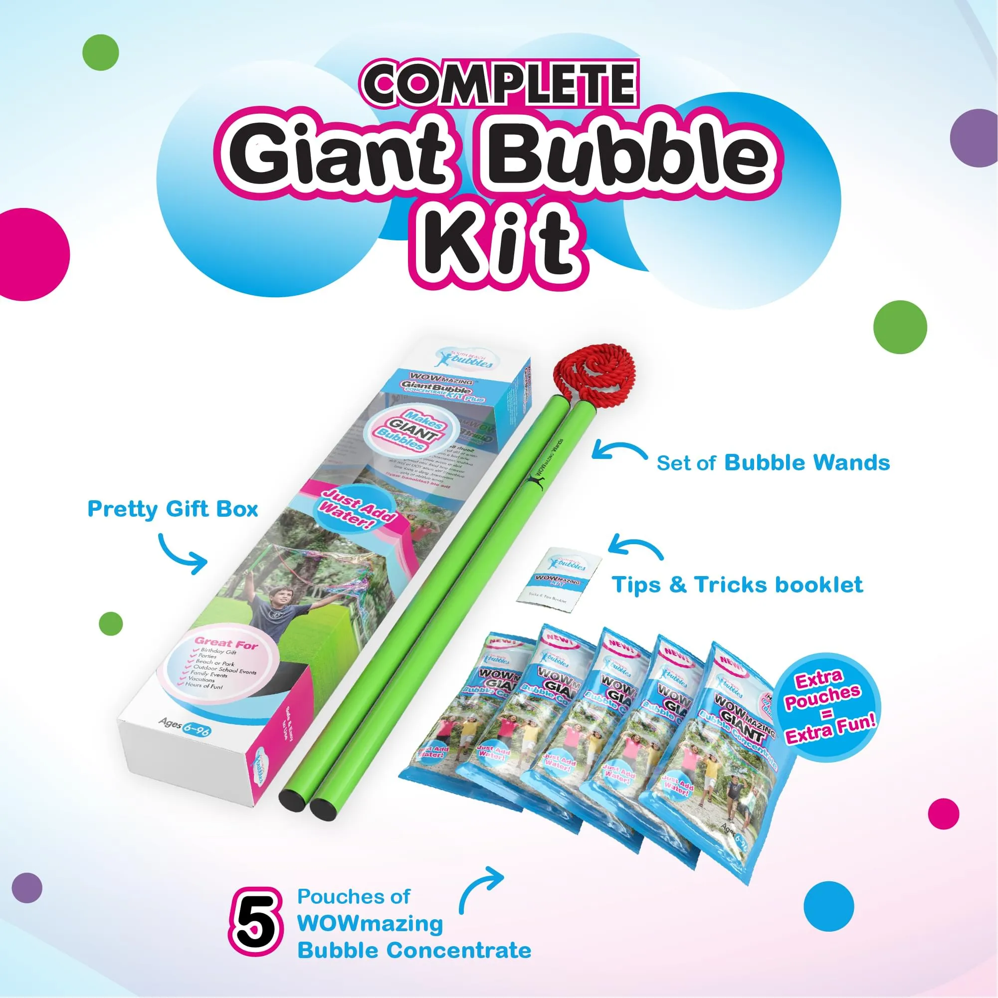 WOWmazing Giant Bubbles Kit Plus | Wand   5 Packets Bubble Concentrate   Booklet