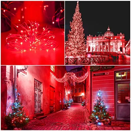 YAOZHOU Red Solar Christmas String Lights Outdoor Waterproof 100 LED（2 Pack） 8 Modes Copper String Lights Fairy Lights for Valentine's Day, Garden, Patio, Fence, Balcony, Outdoors(red 2pcs)