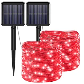 YAOZHOU Red Solar Christmas String Lights Outdoor Waterproof 100 LED（2 Pack） 8 Modes Copper String Lights Fairy Lights for Valentine's Day, Garden, Patio, Fence, Balcony, Outdoors(red 2pcs)